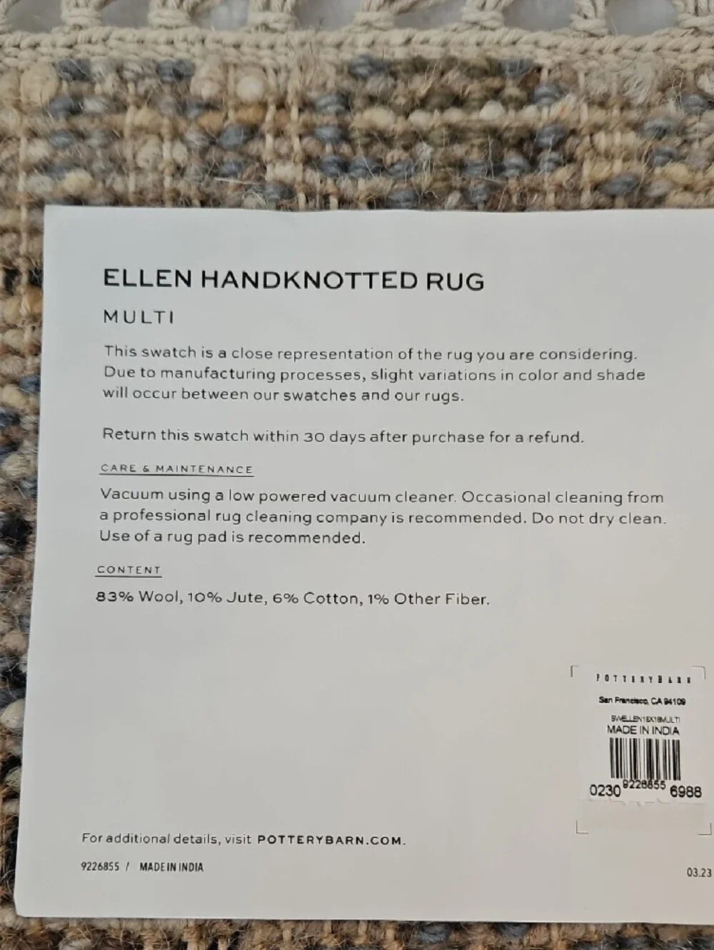 Pottery Barn NWT Ellen Handknotted Wool Jute Blend Fringe Accent Rug